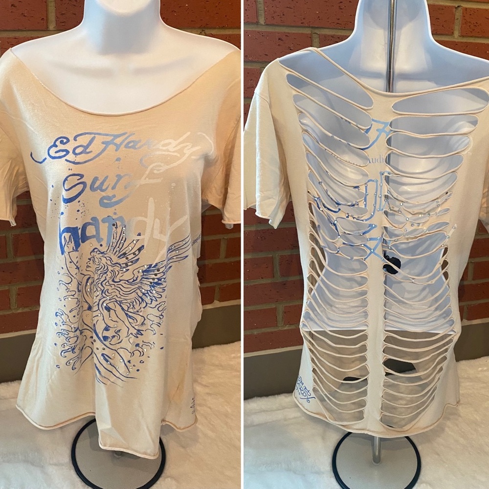 Ed Hardy Shredded Back Rhinestone Top Y2k